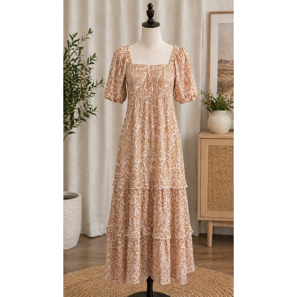 J GEE Womens Paisley Smocked Bodice Tiered Maxi Dress Tan White Boho Large
